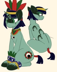 Size: 1250x1592 | Tagged: safe, artist:aripegio del mandolino, oc, oc only, oc:coaxoch, pony, unicorn, aztec, female, horseshoes, looking at you, looking back, looking back at you, mare, paint, sitting, slit eyes, solo, tribal marking