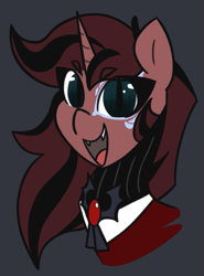 Size: 577x781 | Tagged: safe, artist:aripegio del mandolino, oc, oc only, oc:aripegio del mandolino, pony, undead, unicorn, vampire, black background, bust, clothes, fangs, female, mare, markings, simple background, slit eyes, solo