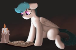 Size: 1044x694 | Tagged: safe, alternate version, artist:aripegio del mandolino, oc, oc only, pegasus, pony, book, candle, candlelight, male, reading, solo, stallion, wings