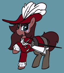 Size: 1776x2031 | Tagged: safe, artist:aripegio del mandolino, oc, oc only, oc:aripegio del mandolino, pony, unicorn, bard, blue background, clothes, fantasy class, feathered hat, female, mare, markings, rapier, simple background, solo, sword, weapon