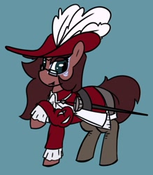 Size: 1776x2031 | Tagged: safe, alternate version, artist:aripegio del mandolino, oc, oc only, oc:aripegio del mandolino, pony, unicorn, bard, blue background, clothes, fantasy class, feathered hat, female, glasses, mare, markings, rapier, simple background, solo, sword, weapon