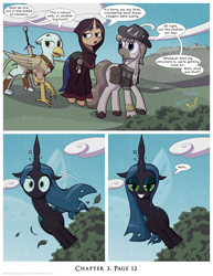 Size: 1200x1552 | Tagged: safe, artist:deusexequus, imported from derpibooru, queen chrysalis, changeling, changeling queen, earth pony, griffon, pony, unicorn, comic:fix, alien (franchise), arguments on the comments, clothes, comic, discussion in the comments, duckery in the comments, evil grin, female, grin, hat, hiding, smiling, speech bubble, star wars, sword, tree, weapon