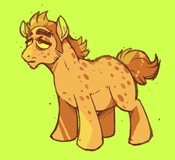 Size: 700x637 | Tagged: safe, artist:chocodile, imported from derpibooru, oc, oc only, oc:greasetrap, earth pony, pony, blank flank, lidded eyes, male, simple background, solo, spots, stallion, tail, yellow background