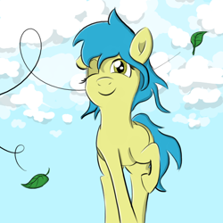 Size: 1600x1600 | Tagged: safe, artist:firestarter, imported from derpibooru, oc, oc only, earth pony, pony, cloud, cloudy, female, leaves, one eye closed, raised hoof, smiling, solo, wind