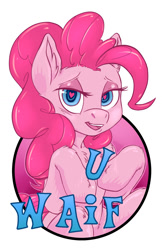 Size: 825x1275 | Tagged: safe, artist:halley-valentine, artist:hobbes-maxwell, imported from derpibooru, pinkie pie, earth pony, pony, badge, fourth wall, heart eyes, open mouth, pinkie being pinkie, simple background, smiling, solo, waifu, waifu badge, white background, wingding eyes