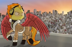 Size: 3840x2500 | Tagged: safe, artist:shinycyan, imported from derpibooru, spitfire, pegasus, pony, city, cityscape, clothes, crossover, glasses, hawks, headphones, keigo takami, large wings, my hero academia, solo, sunset, wings