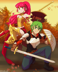Size: 899x1100 | Tagged: safe, artist:riouku, imported from derpibooru, imported from ponybooru, apple bloom, spike, human, anime, armor, boots, clothes, commission, cosplay, costume, crossover, duo, female, humanized, jaune arc, male, pants, pyrrha nikos, rooster teeth, rwby, shipping, shoes, spikebloom, straight, sword, weapon