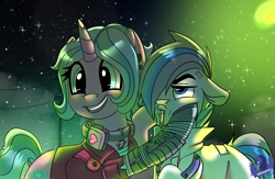 Size: 3309x2160 | Tagged: safe, artist:brainiac, derpibooru exclusive, imported from derpibooru, oc, oc:candy chip, oc:throttle track, cyborg, pony, unicorn, the sunjackers, bottomless, cigarette, clothes, cyberpunk, female, male, mare, partial nudity, smoking, stallion