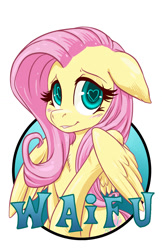 Size: 825x1275 | Tagged: safe, artist:halley-valentine, artist:hobbes-maxwell, imported from derpibooru, fluttershy, pegasus, pony, badge, blushing, female, floppy ears, heart eyes, simple background, smiling, solo, waifu, waifu badge, white background, wingding eyes