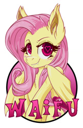 Size: 825x1275 | Tagged: safe, artist:halley-valentine, artist:hobbes-maxwell, imported from derpibooru, fluttershy, bat pony, pony, badge, bat ponified, blushing, fangs, female, flutterbat, heart eyes, race swap, simple background, smiling, solo, waifu, waifu badge, white background, wingding eyes