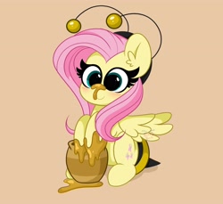 Size: 4096x3755 | Tagged: safe, artist:kittyrosie, imported from derpibooru, fluttershy, pegasus, pony, animal costume, bee costume, blushing, clothes, costume, cute, flutterbee, food, honey, kittyrosie is trying to murder us, shyabetes, solo, weapons-grade cute