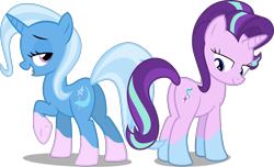 Size: 4002x2429 | Tagged: safe, artist:the smiling pony, artist:uigsyvigvusy, edit, edited edit, editor:slayerbvc, imported from derpibooru, vector edit, starlight glimmer, trixie, pony, unicorn, body part swap, butt, coat markings, female, glimmer glutes, lidded eyes, looking back, mare, plot, pony to pony, raised hoof, simple background, socks (coat marking), socks (coat markings), the great and powerful ass, transparent background, underhoof, vector