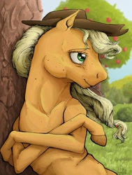 Size: 1024x1354 | Tagged: safe, artist:rachelmacready, imported from derpibooru, applejack, earth pony, pony, apple, apple tree, food, hat, mixed media, straw in mouth, sweet apple acres, tree