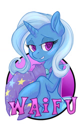 Size: 825x1275 | Tagged: safe, artist:halley-valentine, artist:hobbes-maxwell, imported from derpibooru, trixie, pony, unicorn, badge, blushing, clothes, female, hat, heart eyes, simple background, solo, trixie's hat, waifu, waifu badge, white background, wingding eyes