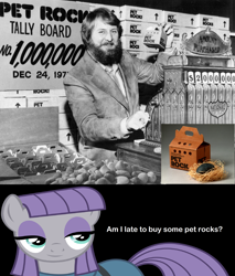 Size: 2048x2408 | Tagged: safe, imported from derpibooru, boulder (pet), maud pie, earth pony, human, pony, black and white, black background, boulder (g4), gary dahl, grayscale, how she got boulder, monochrome, pet rock, photo, simple background