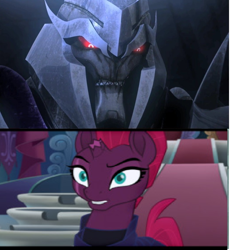 Size: 944x1028 | Tagged: safe, edit, edited screencap, imported from derpibooru, screencap, tempest shadow, my little pony: the movie, clash of hasbro's titans, comparison, crossover, decepticon, female, floppy ears, glare, megatron, transformers, transformers prime