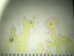 Size: 1024x768 | Tagged: safe, artist:carlos324, imported from derpibooru, fluttershy, oc, oc:israel yabuki, pegasus, pony, unicorn, baby, baby pony, canon x oc, colored pencil drawing, cringing, cute, daaaaaaaaaaaw, dawwww, female, fluttersrael, happy, horn, male, offspring, parent:fluttershy, parent:fluttersrael, parent:oc:israel yabuki, parents:canon x oc, parents:fluttersrael, pegasus oc, pony oc, traditional art, unicorn oc, wings