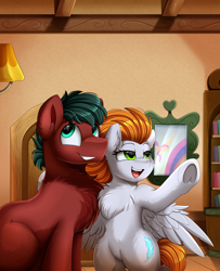 Size: 2850x3509 | Tagged: safe, artist:pridark, imported from derpibooru, imported from ponybooru, oc, oc only, earth pony, pegasus, pony, bipedal, blue eyes, chest fluff, cutie mark, duo, green eyes, high res, indoors, looking up, mirror, open mouth, pointing, sitting, smiling, underhoof, x x everywhere