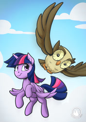 Size: 955x1351 | Tagged: safe, artist:mysticalpha, imported from derpibooru, owlowiscious, twilight sparkle, alicorn, bird, owl, pony, cloud, duo, female, flying, mare, sky, spread wings, twilight sparkle (alicorn), wings