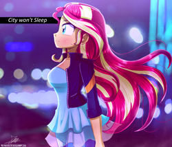 Size: 1190x1020 | Tagged: safe, artist:the-butch-x, imported from derpibooru, imported from ponybooru, sunset shimmer, equestria girls, beautiful, breasts, busty sunset shimmer, city, cityscape, clothes, female, jacket, pants, pretty, solo, windswept hair