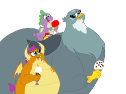 Size: 2592x1944 | Tagged: safe, artist:princebluemoon3, color edit, edit, editor:derpyfannumber2, imported from derpibooru, gabby, smolder, spike, dragon, griffon, "flab"y, colored, dragoness, fat, female, morbidly obese, obese, sblobder, simple background, transparent background, trio