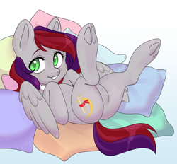 Size: 3000x2784 | Tagged: safe, imported from derpibooru, oc, oc only, oc:evening prose, pegasus, pony, female, freckles, jewelry, mare, necklace, pearl necklace, pillow, solo, spread legs, spreading