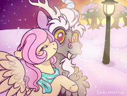 Size: 2812x2132 | Tagged: safe, artist:hopenotfound, artist:sakurainu2715, imported from derpibooru, discord, fluttershy, pony, cheek kiss, clothes, discoshy, female, kiss on the cheek, kissing, lamppost, male, scarf, shipping, snow, snowfall, straight, tree