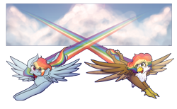 Size: 1280x791 | Tagged: safe, artist:mscolorsplash, imported from derpibooru, rainbow dash, oc, oc:rainbow feather, hippogriff, pegasus, pony, duo, female, flying, interspecies offspring, magical lesbian spawn, mare, mother and child, mother and daughter, offspring, parent:gilda, parent:rainbow dash, parents:gildash, simple background, transparent background
