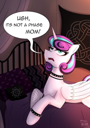 Size: 2126x3000 | Tagged: safe, alternate version, artist:alicetriestodraw, imported from derpibooru, princess flurry heart, alicorn, pony, bed, choker, ear piercing, earring, eyeliner, fishnets, funny, goth, it's a phase, it's not a phase, jewelry, lying down, makeup, on bed, piercing, princess emo heart, prone, solo, spiked choker, spiked wristband, teenage flurry heart, teenager, wristband