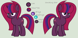 Size: 3486x1721 | Tagged: safe, artist:lominicinfinity, imported from derpibooru, oc, oc only, oc:smoking star, pony, unicorn, female, magical lesbian spawn, mare, offspring, parent:tempest shadow, parent:twilight sparkle, parents:tempestlight, reference sheet, simple background, solo