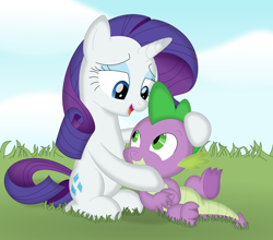 Size: 3534x3112 | Tagged: safe, artist:porygon2z, imported from derpibooru, rarity, spike, dragon, pony, unicorn, cute, female, grass, male, raribetes, shipping, sparity, spikabetes, straight, sweet dreams fuel