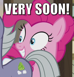 Size: 593x620 | Tagged: safe, edit, edited screencap, imported from derpibooru, screencap, limestone pie, pinkie pie, hearthbreakers, caption, cropped, female, image macro, mare, pinkamena diane pie, solo focus, soon, text