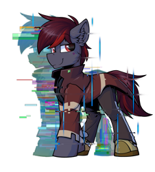 Size: 2160x2391 | Tagged: safe, artist:movieskywalker, derpibooru exclusive, imported from derpibooru, oc, oc only, oc:skywalk shadow, earth pony, pony, derpibooru community collaboration, 2021 community collab, clothes, earth pony oc, error, glitch, glitch art, looking at you, male, simple background, smiling, solo, transparent background