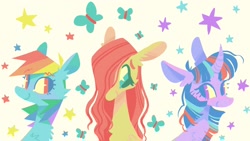 Size: 2048x1152 | Tagged: safe, artist:astro_eden, artist:astroeden, imported from derpibooru, fluttershy, rainbow dash, twilight sparkle, alicorn, butterfly, pegasus, pony, unicorn, female, looking at each other, looking at someone, smiling, stars, trio, unicorn twilight