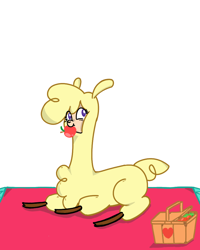 Size: 800x1000 | Tagged: safe, artist:buttonmash, imported from derpibooru, paprika paca, alpaca, them's fightin' herds, apple, basket, cloven hooves, community related, cute, female, food, looking at you, paprika (tfh), picnic basket, simple background, solo, white background