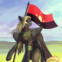 Size: 2000x2000 | Tagged: safe, artist:nsilverdraws, artist:veen, imported from derpibooru, oc, oc only, oc:veen sundown, horse, pegasus, pony, armor, clothes, cloud, coast, dress, female, flag, fur, grass, grass field, mare, paint, solo, standing, sundown clan, war paint, water