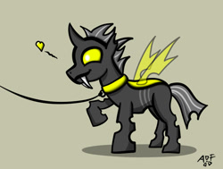 Size: 729x551 | Tagged: safe, artist:atomfliege, imported from derpibooru, oc, oc only, oc:warplix, changeling, changeling oc, collar, floating heart, heart, leash, male, pet play, simple background, solo, yellow changeling