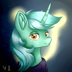 Size: 2000x2000 | Tagged: safe, artist:brilliant-luna, imported from derpibooru, lyra heartstrings, pony, unicorn, fanfic:background pony, bust, crying, dig the swell hoodie, female, portrait, solo, solo female, teary eyes