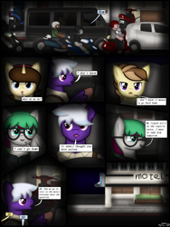 Size: 1750x2333 | Tagged: safe, artist:99999999000, imported from derpibooru, oc, oc:firearm king, oc:li anna, oc:mar baolin, oc:zhang cathy, earth pony, pegasus, pony, unicorn, comic:outing, car, comic, female, glasses, male, motorcycle, scooter, van