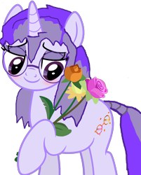 Size: 1134x1409 | Tagged: safe, artist:asifnag, artist:mellow91, imported from derpibooru, oc, oc only, oc:glass sight, pony, unicorn, blushing, bouquet, cute, flower, glasses, hoof hold, ocbetes, simple background, solo, transparent background