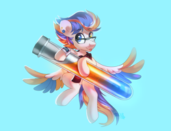 Size: 4064x3128 | Tagged: safe, artist:sugarstar, imported from derpibooru, oc, oc only, oc:alan techard, pegasus, pony, :p, absurd resolution, blue background, clothes, ear piercing, eyebrows, eyebrows visible through hair, flying, glasses, heterochromia, high res, looking at you, male, pegasus oc, piercing, rcf community, scarf, simple background, smiling, smiling at you, solo, spread wings, stallion, test tube, tongue out, wings