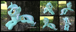 Size: 4050x1754 | Tagged: safe, artist:peruserofpieces, imported from derpibooru, lyra heartstrings, pony, unicorn, beanie (plushie), female, horn, irl, looking at you, lying down, mare, photo, plushie, prone, smiling, smiling at you, solo, tree