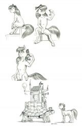 Size: 1000x1549 | Tagged: safe, artist:baron engel, imported from derpibooru, apple bloom, oc, oc:galapagos, oc:king trafalgar maximilian augustus leopold iii, earth pony, mouse, pony, tortoise, bow, female, filly, galapagos tortoise, monochrome, pencil drawing, sketch, story included, traditional art