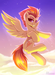 Size: 1850x2500 | Tagged: safe, artist:shadowreindeer, imported from derpibooru, spitfire, pegasus, pony, chest fluff, cloud, female, flying, lidded eyes, looking at you, sky, smiling, solo, spread wings, stars, tail, wings