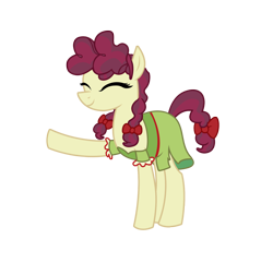 Size: 2356x2267 | Tagged: safe, artist:third uncle, artist:three uncle, imported from derpibooru, hilly hooffield, earth pony, pony, the hooffields and mccolts, background pony, bow, clothes, cute, eyes closed, female, hair bow, hooffield family, mare, pigtails, simple background, smiling, solo, transparent background, vector