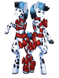 Size: 433x577 | Tagged: artist needed, safe, imported from derpibooru, oc, oc only, earth pony, semi-anthro, derpibooru community collaboration, 2021 community collab, blue eyes, bowtie, duo, looking at you, ribbon, simple background, spots, transparent background, twins