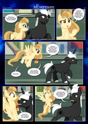 Size: 3259x4607 | Tagged: safe, artist:estories, imported from derpibooru, oc, oc only, oc:alice goldenfeather, oc:möbius, pegasus, pony, unicorn, comic:nevermore, comic, horn, pegasus oc, speech bubble, unicorn oc, wings