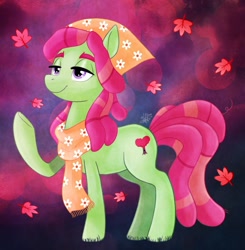 Size: 1280x1308 | Tagged: safe, artist:thepipefox, imported from derpibooru, tree hugger, earth pony, pony, autumn leaves, female, leaf, leaves, mare, raised hoof, solo