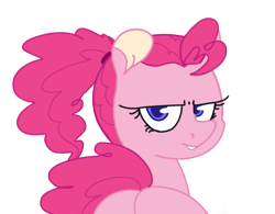 Size: 850x662 | Tagged: safe, artist:losemeh, imported from derpibooru, pinkie pie, earth pony, pony, alternate hairstyle, ass, balloonbutt, blue eyes, butt, colored pupils, disapproval, female, frown, look of disapproval, looking at you, looking back, looking over shoulder, mare, my eyes are up here, pinkie pie is not amused, plot, ponytail, protruding teeth, scowl, scrunchie, simple background, solo, solo female, transparent background, unamused