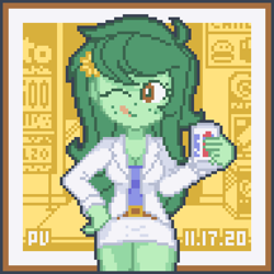 Size: 768x768 | Tagged: safe, artist:branewashpv, artist:theratedrshimmer, imported from derpibooru, wallflower blush, human, equestria girls, brown eyes, clothes, cute, drink, flower, flower in hair, flowerbetes, green hair, jacket, mlem, one eye closed, pepsi, pixel art, silly, soda, solo, tongue out, wink